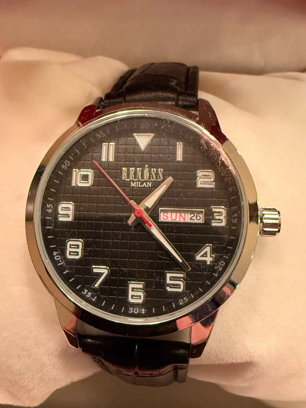 NIB Benóss Milan Men’s Black Waffle Dial Day-Date Watch | Leather Strap